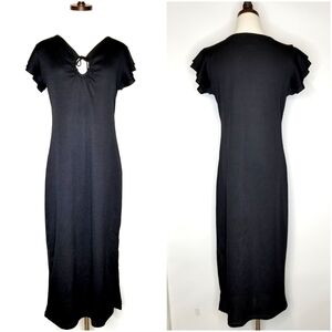 NYC Active Black Keyhole Neck Flutter Sleeves Ribbed Casual Maxi Dress, M